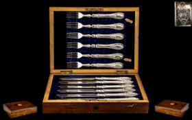 Victorian Period Superb Silver Plated ( 12 ) Piece Fruit Set In a Walnut Lidded Box, Consists of 6