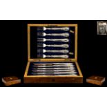 Victorian Period Superb Silver Plated ( 12 ) Piece Fruit Set In a Walnut Lidded Box, Consists of 6