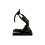 Art Deco Style Bronzed Figure Dancing Maiden Holding Aloft A Pheasant, Raised On A Marble base,