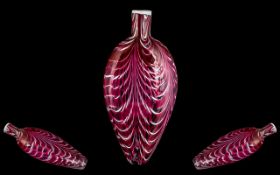 Antique Nailsea Glass Hip Flask Style Bottle with a pink and white wave design to the body,
