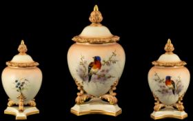 Royal Worcester Hand Painted Ovoid Shaped Lidded Vase of Superb Decoration and Proportions,