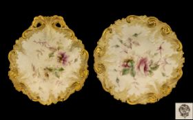 Royal China Works Worcester Fine Pair of Hand Decorated Shallow Dishes ( 2 ) Decorated In a Soft