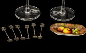 6 Silvered Metal Siamese Spoons, Small Worcester Pin Tray Decorated with Fruits ( A. Shuck ) A/F.