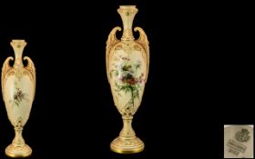 Royal Worcester Superb Twin Handle Urn Shaped Blush Ivory Floral Decorated Vase of Tall and Elegant