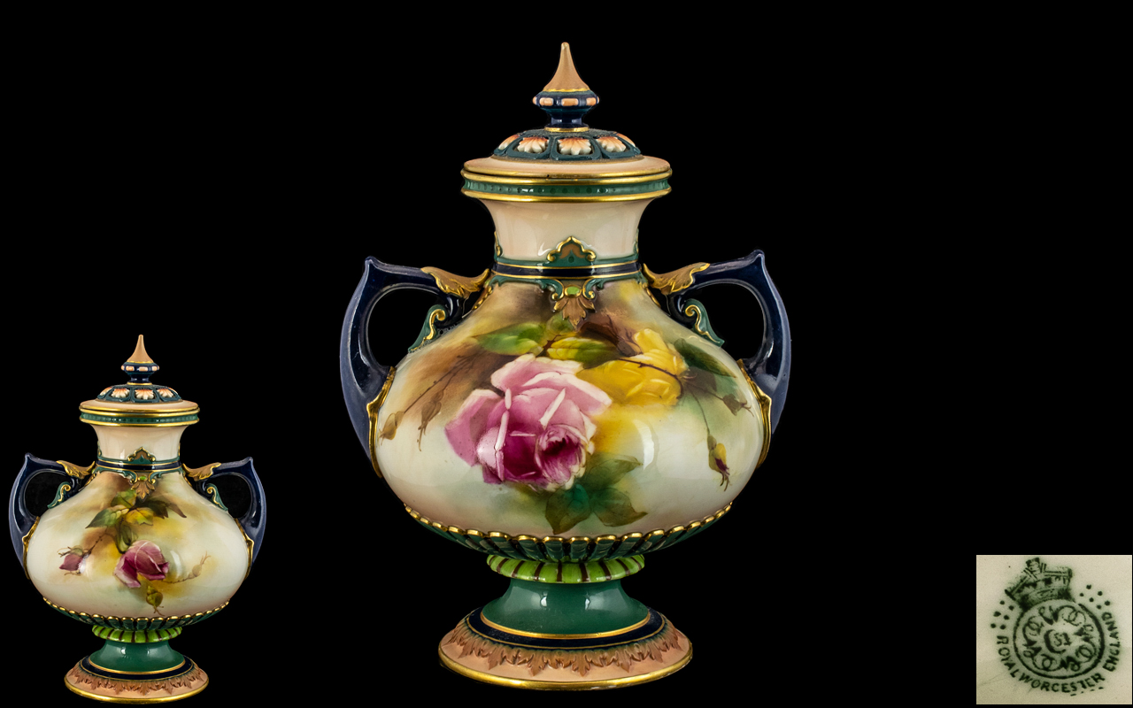 Royal Worcester - Hadley Hand Painted Twin Handle Porcelain Lidded Bulbous Vase,