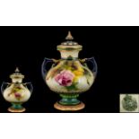 Royal Worcester - Hadley Hand Painted Twin Handle Porcelain Lidded Bulbous Vase,