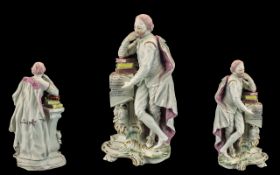 An 18th Century Soft Paste Derby Porcelain Figure of Shakespeare leaning on a pillar with books