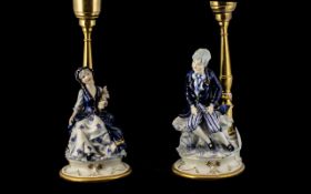 Pair of Capodimonte Figural Lamps depicting a young boy and girl,