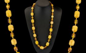 Amber Coloured Beads. Colour of Egg Yolk, Barrel Shaped. Double Knotted, 26 Inches In length.