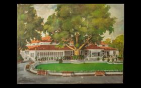 Indian Colonial Oil Painting on Canvas depicting an elegant bungalow set in a formal European
