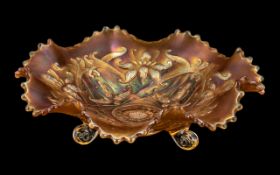 Fenton Carnival Glass Footed Bowl with wavy edge and unusual orchid flower decoration; 8.