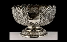 Anglo - Indian Superb Sterling Silver Repouse Worked Footed Bowl,