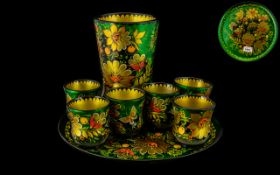 Wood Lacquer Tray with six tumblers and a pot,