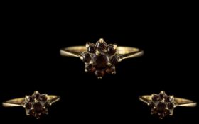 9ct Gold Garnet Flower Head Ring. Fully Hallmarked, Gold Garnet Set Dress Ring, Ring Size N.