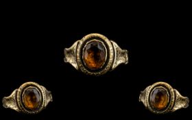 Antique Period 9ct Gold - Stone Set Dress Ring with Ornate Setting Which Extend Down to Shoulders.