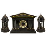 Large Victorian Black Slate Three Piece Clock set if the classical style,