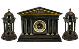 Large Victorian Black Slate Three Piece Clock set if the classical style,