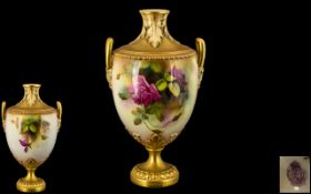 Royal Worcester Nice Quality Hand Painted Twin Handle Vase ' Roses ' Stillife.