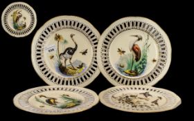 Set of Five Limoges Type Antique Ribbon Plates, finely decorated with exotic birds, cranes, ostrich,