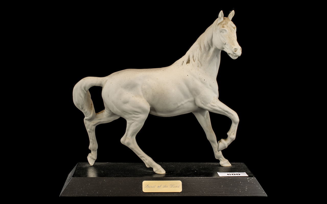 White Bisque Figure of a Horse on a wood base,