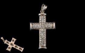 9ct White Gold Diamond Cross Pendant Pave Set Round Modern brilliant Cut Diamonds Throughout,