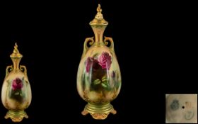 Royal Worcester James Hadley Attractive Hand Painted Twin Handle Lidded Vase ' Roses ' Stillife.