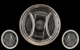 A Top Quality and Pleasing Sterling Silver Rimmed Cut Glass 3 Sectioned Serving Dish of Circular