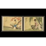Chinese Paintings on Silk. Pair of Chinese Paintings of Chinese Ladies. Size 14 by 10 Inches.