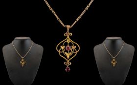 Antique Period - Attractive 9ct Gold Garnet Set Open worked Pendant Drop of Exquisite Proportions.