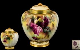 Royal Worcester - Excellent Quality Hand Painted Attractive Globular Shaped Ribbed Design Lidded