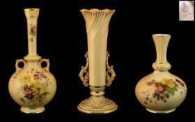 Royal Worcester Fine Trio of Hand Painted Blush Ivory Vases ( 3 ) Various Shapes and Sizes,