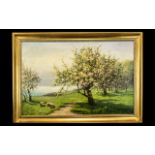 Oil Painting of Blossom Trees depicting fields with sheep. Signed L Headley to bottom right.