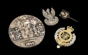 Small Military Lot to include 1944 medallion, Together with a small stick pin and two badges.