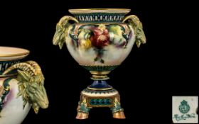 Royal Worcester - Pleasing James Hadley Superb Hand Painted Rams Head Handles Urn Shaped Vase.