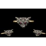 Georgian - Novelty 18ct Gold Foxes Head Ring ( Set with Diamonds and Rubies ) From the Georgian