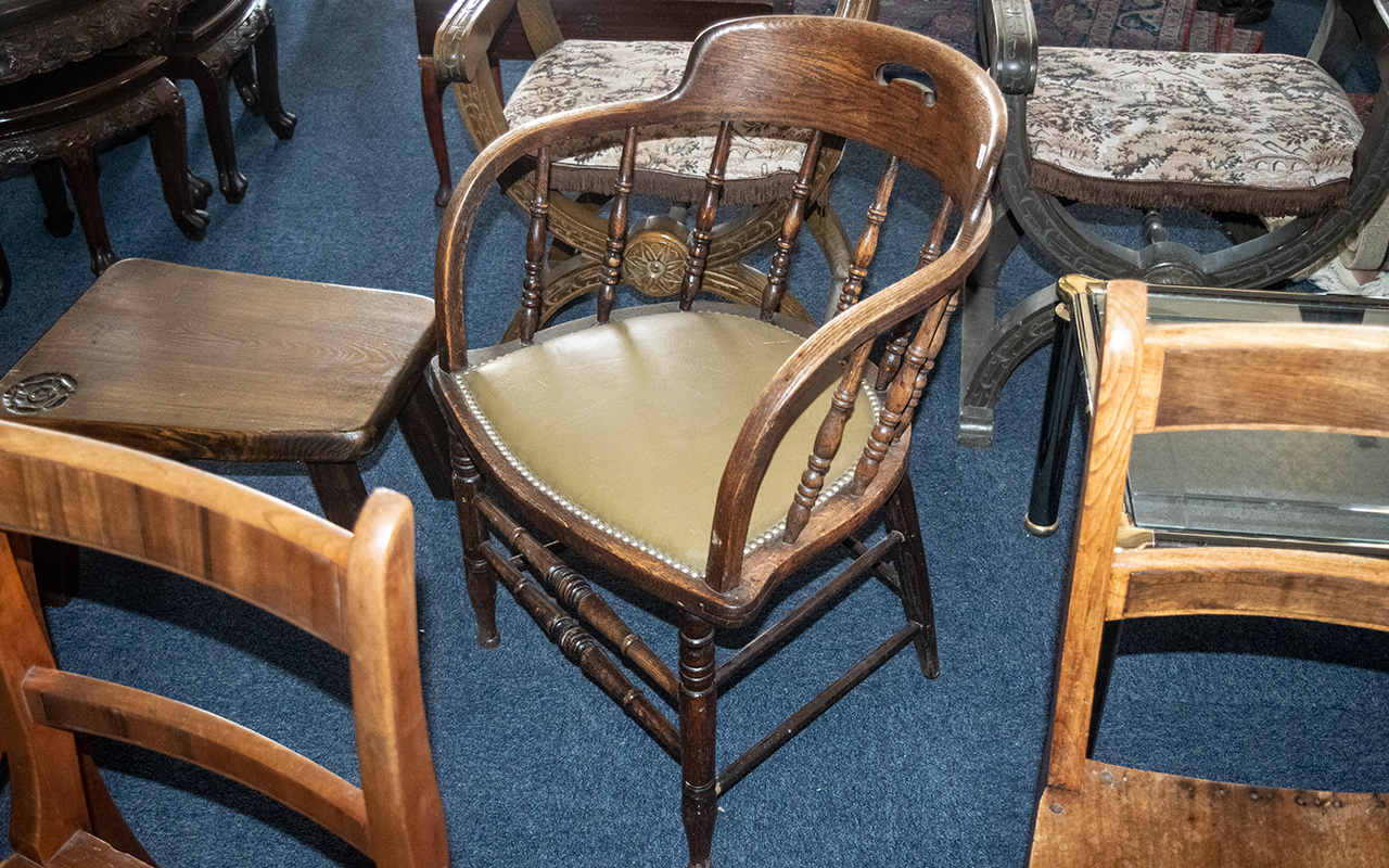 Oak American Type Spindled Back Desk Chair with a Green Leather Seat with Turned Legs with Cross - Image 2 of 2