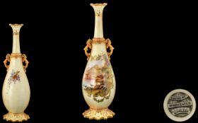 Locke & Company Worcester Hand Painted Twin Handle Vase of Slender Form. c.1880's.