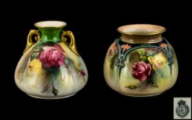 Royal Worcester Hadley's Hand Painted Pair of ' Roses ' Small Vases ( 2 ) Both Vases with Painted