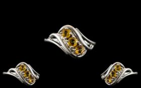 9ct Gold 3 Stone Citrine Ring. 3 Stone Ring Set In White Gold, Good Quality and Design. Ring Size N.