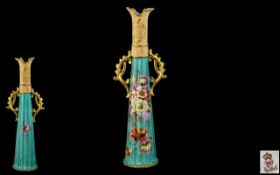 Royal Rudolstadt - Superior Hand Painted In Enamels Twin Handle Tapered Porcelain Vase,