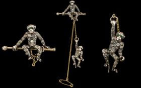 A Victorian Period - Novelty Sterling Silver Paste Set Monkey Bar Brooch.