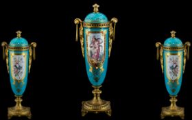 Sevres - Style 19th Century Superb Quality Gilt Bronze and Turquoise Enamel Twin Handle Lidded Vase