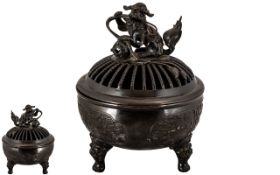 Antique Chinese Bronze Censor of Fine Colour and Quality, with Finely Cast Feet In the Archaic