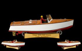 Model Boat marked Vintage Model boat company 'Sea Breeze' on plinth. Measures 24 inches. Motorboat