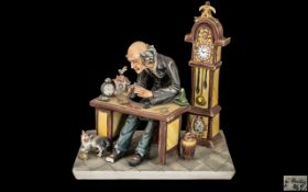 Capodimonte Hand Painted and Signed Group Figure ' Clock Maker ' Signed Cortess. c.1970's. Height 9.