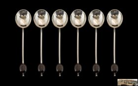 Art Deco Period Set of Six Sterling Silver Coffee Spoons. Hallmark Birmingham 1931, Makers Mark A.