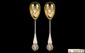 Victorian Period Superb Quality Pair of Sterling Silver Serving Spoons with Starburst Mask Face