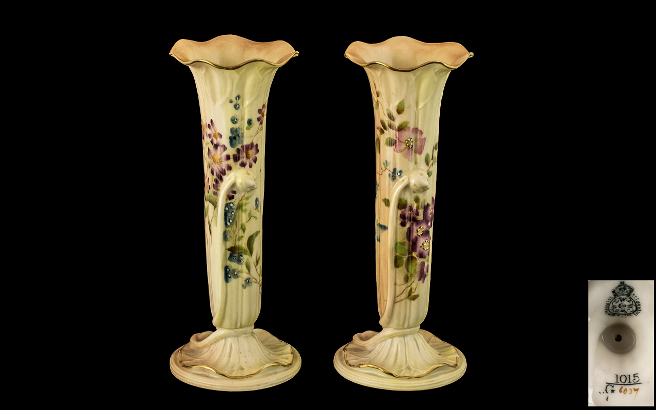 Royal Worcester Pair of Hand Painted Blush Ivory Specimen Bud Vases, Decorated with Painted Images