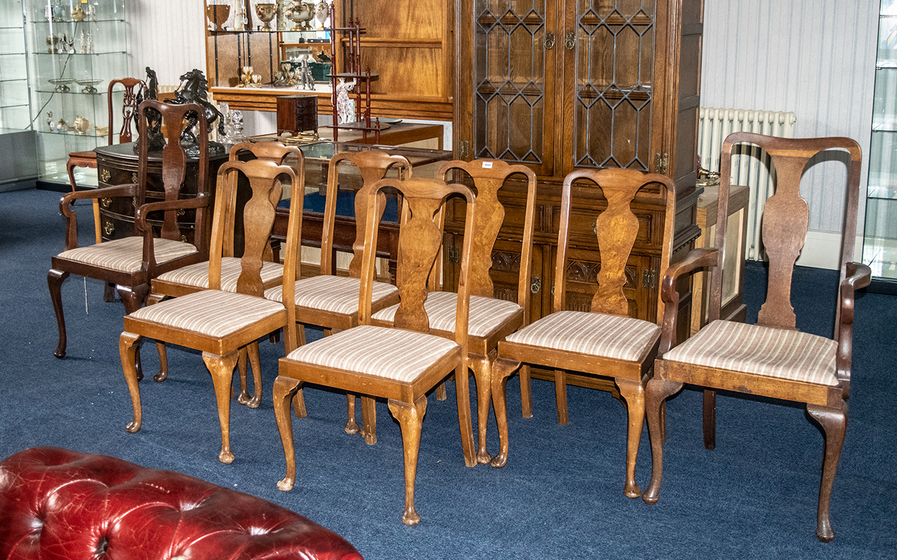 Harlequin Set of 6 Queen Anne Style Walnut Dining Chairs,