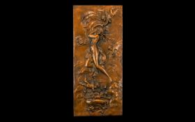 A Coppered Rectangular Plaque depicting a semi clad maiden with cherubs,